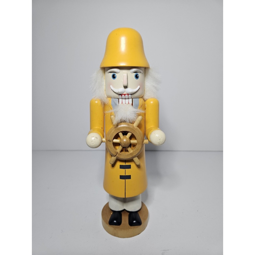 Wooden Sea Captain Helmsman Nutcracker Sailor Yellow Rain Gear Ships Wheel Vtg